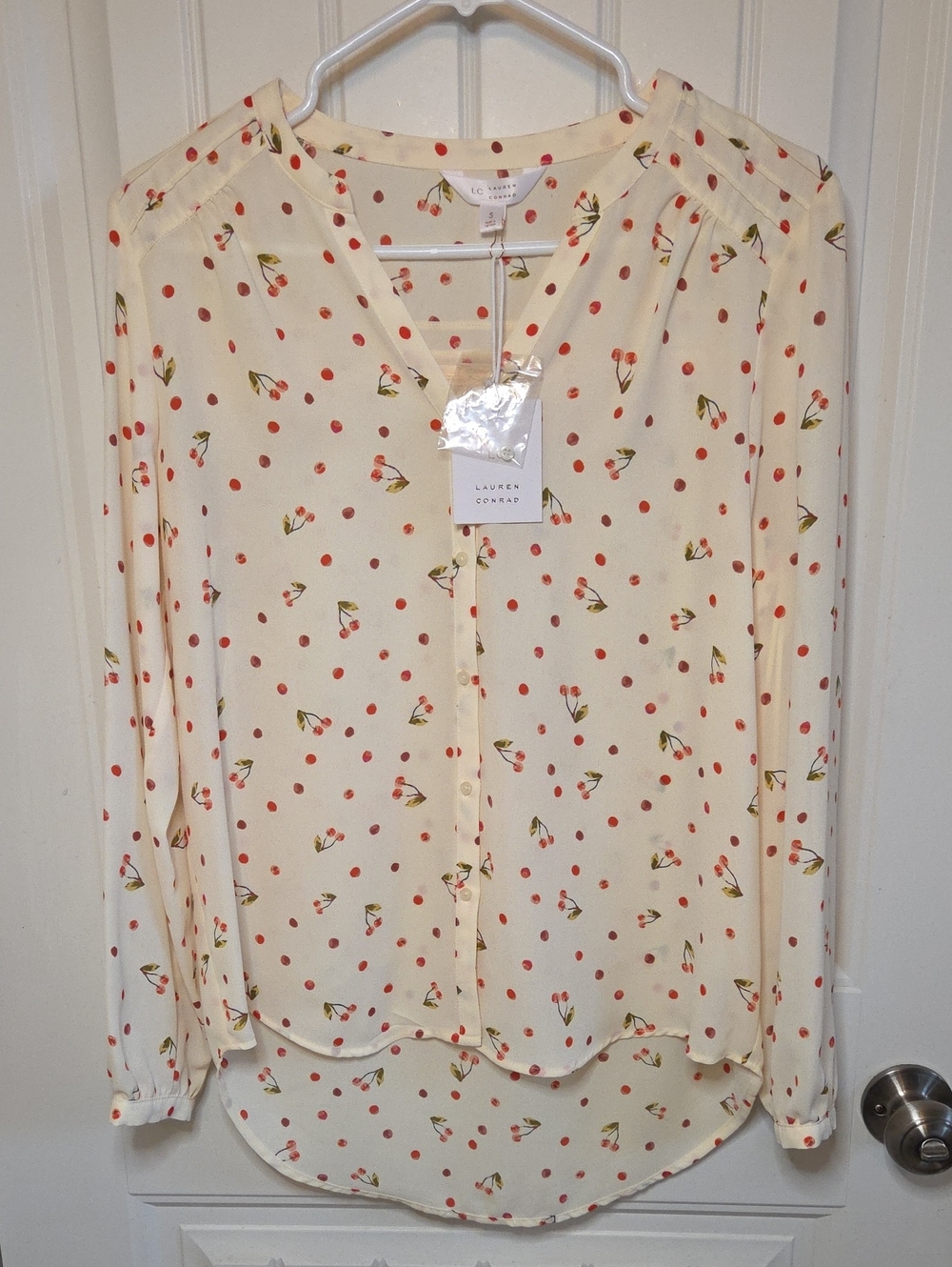 🍒 NWT LC Lauren Conrad Cream Button-Up Blouse with Dot & Cherry Print